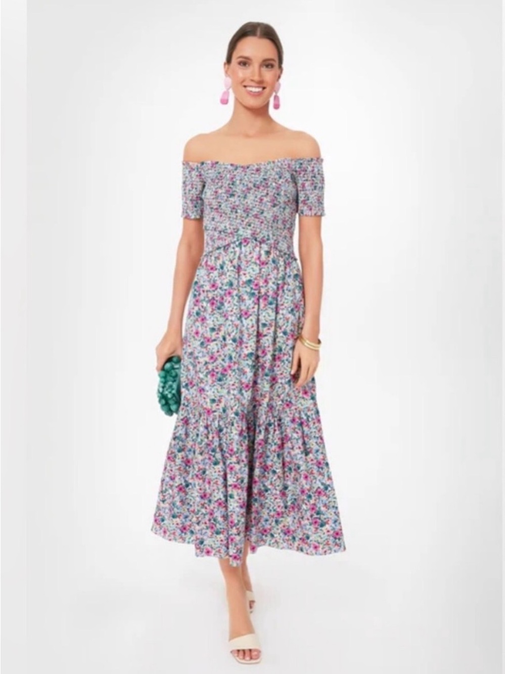 Ladies Floral Midi Dress with Smocked Bodice - Pink & Green